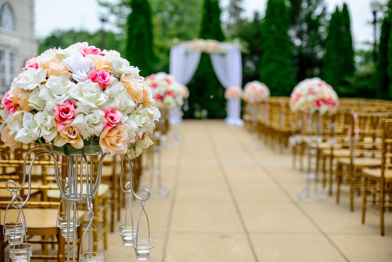 wedding, aisle, flower arrangement, bloom, blossom, nature, bouquet, celebration, chairs, decoration, flower background, flower wallpaper, flora, flowers, beautiful flowers, roses, event, wedding photography, wedding preparations